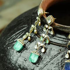 MDE883- Crystal Green & White Colour Gold Plated Faux Polki Dangler Earrings