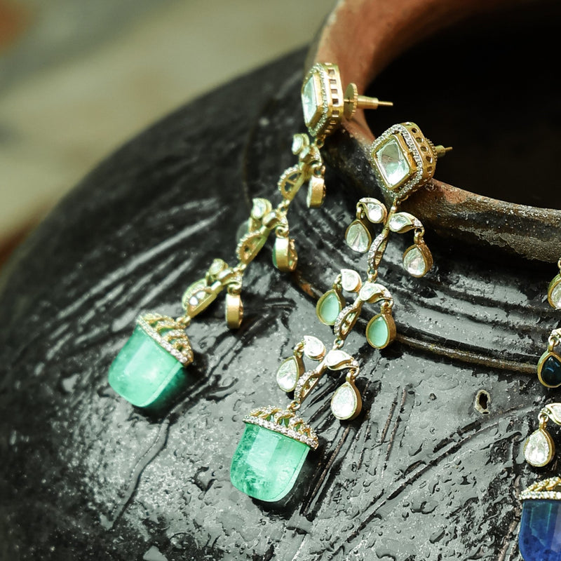MDE883- Crystal Green & White Colour Gold Plated Faux Polki Dangler Earrings