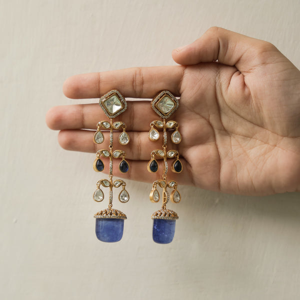 MDE883- Blue and White Colour Gold Plated Faux Polki Dangler Earrings
