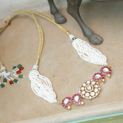 MDN992- Pink And White Colour Gold Plated Faux Polki Choker Set