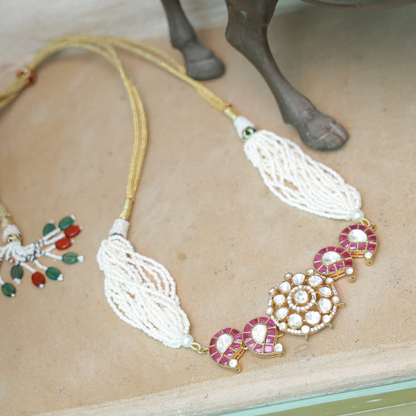 MDN992- Pink And White Colour Gold Plated Faux Polki Choker Set