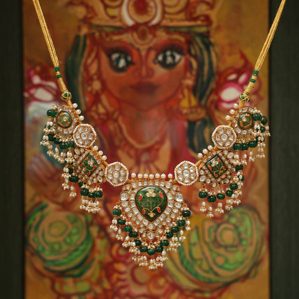 MDN930- Green and White Colour Gold Plated Jadau Kundan Thappa Necklace Set