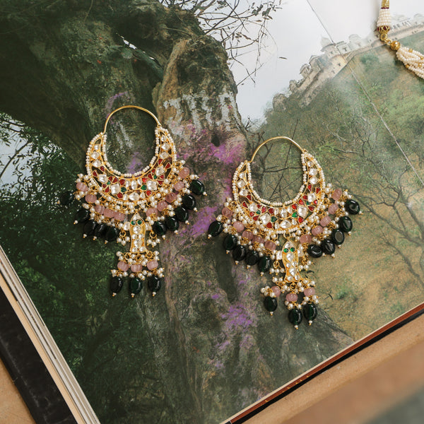 MDE594- Multi Colour Gold Plated Jadau Kundan Chandbali Earrings