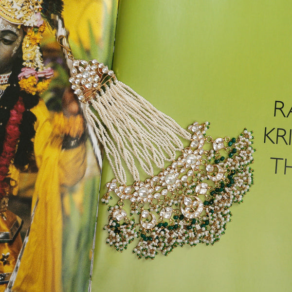 MDH1017- White and Green Colour Gold Plated Jadau Kundan Passa