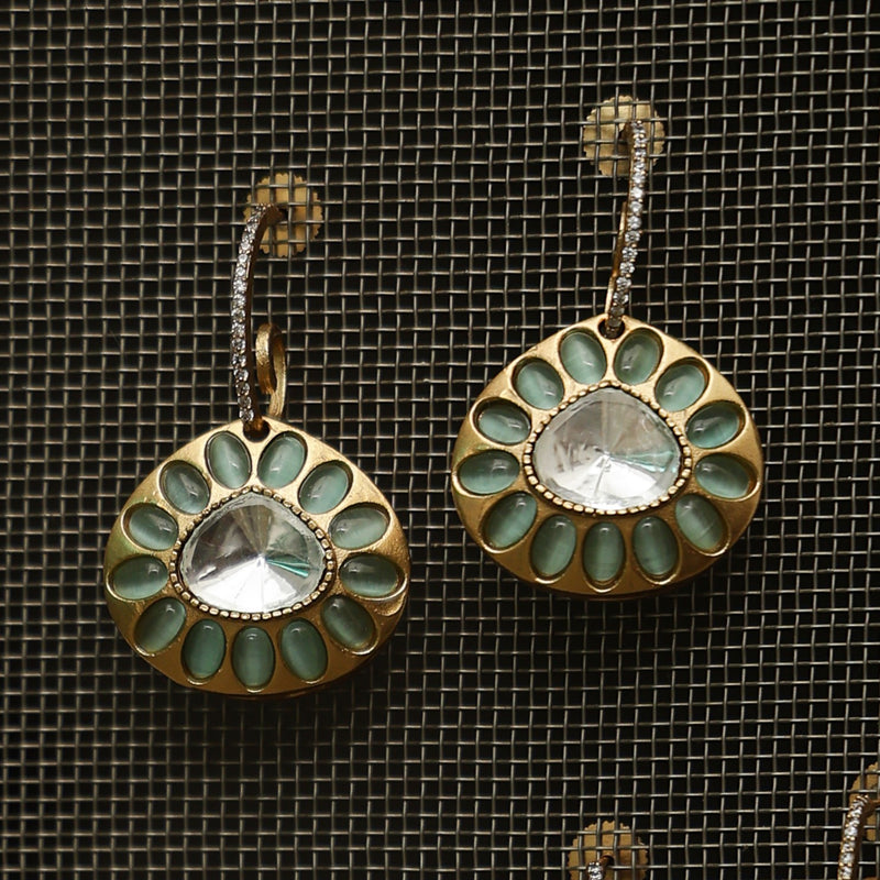 MDE798- Mint Colour Gold Plated Faux Polki Double Sided Dangler Earrings