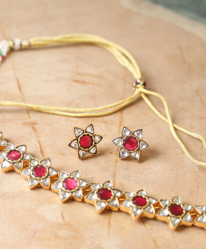 White and Pink Colour Gold Plated Jadau Kundan Thappa Choker Set