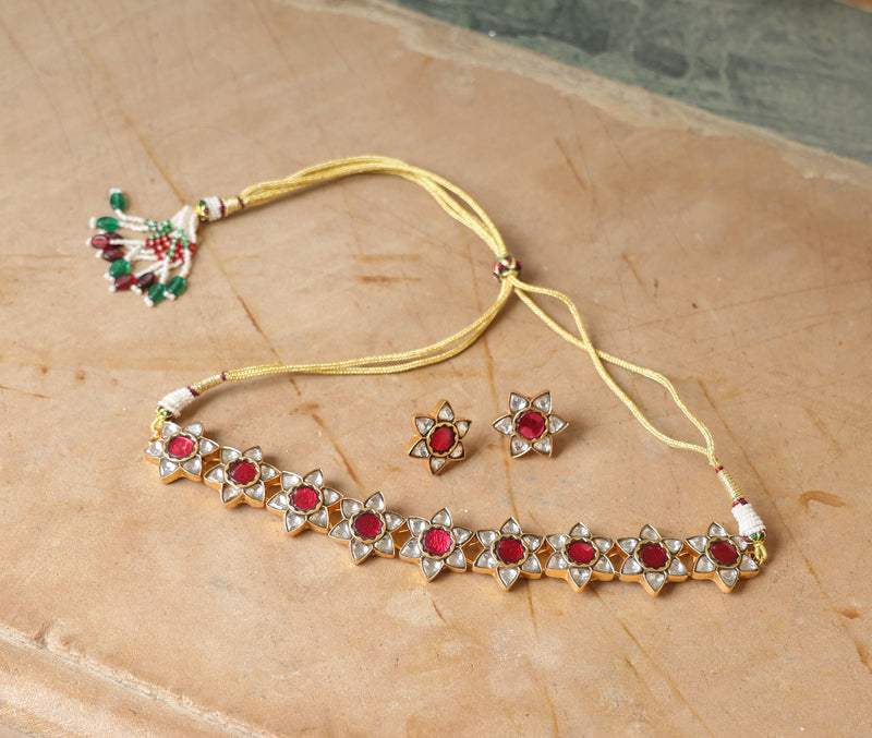 White and Pink Colour Gold Plated Jadau Kundan Thappa Choker Set