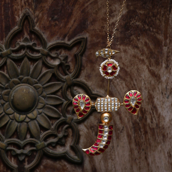 MDN932- Pink Colour Gold Plated Jadau Kundan Temple Pendant Set