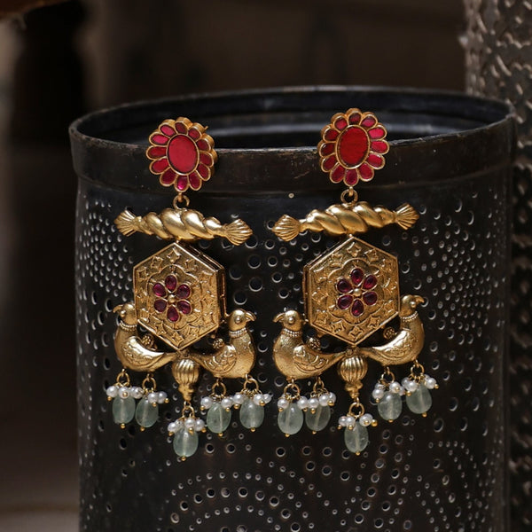 MDE1061- Pink & Golden Colour Gold Plated Jadau Kundan Thappa Dangler Earrings