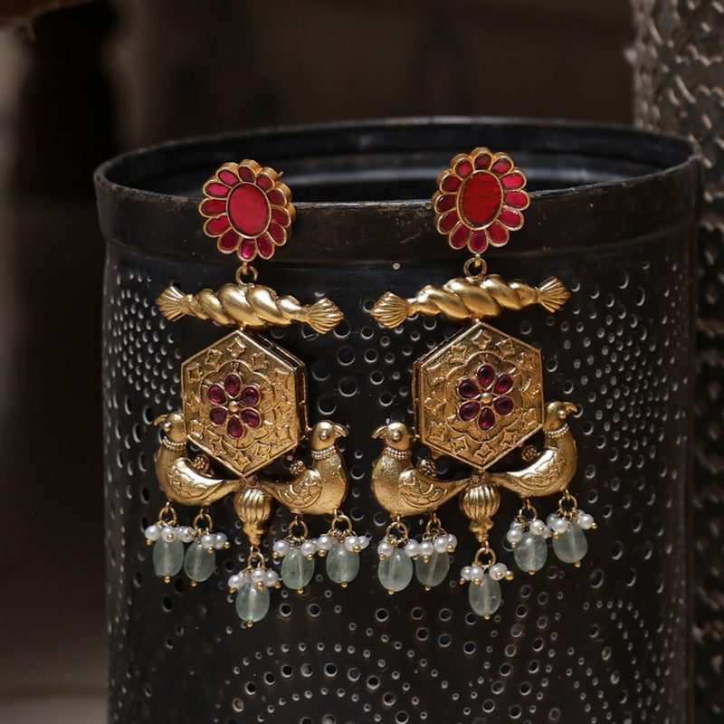 MDE1061- Pink & Golden Colour Gold Plated Jadau Kundan Thappa Dangler Earrings