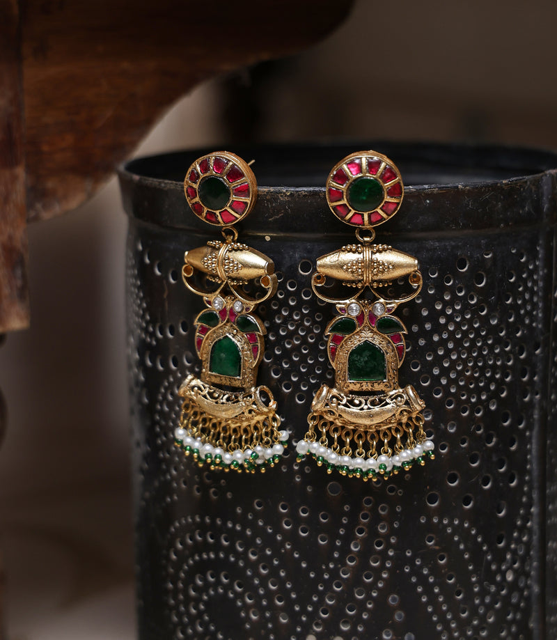 Red and Green Colour Gold Plated Jadau Kundan Thappa Dangler Earrings