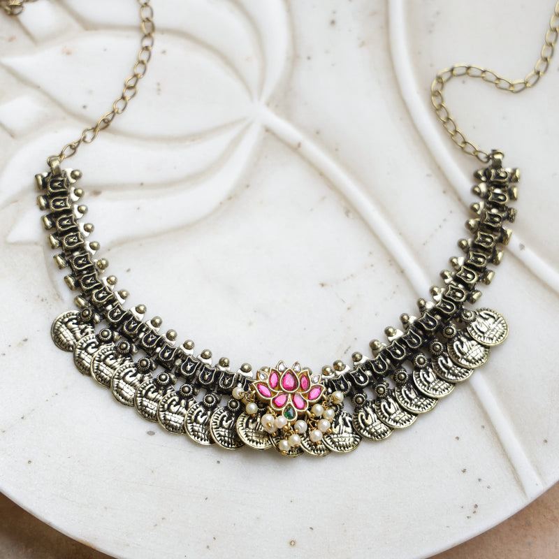 MDN1038- Pink And Green Colour Tribal Necklace