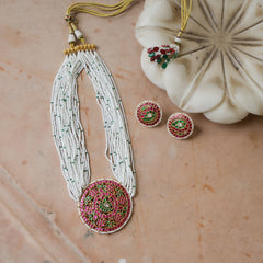 MDN820- Green And Pink Colour Gold Plated Jadau Kundan Temple Pendant set