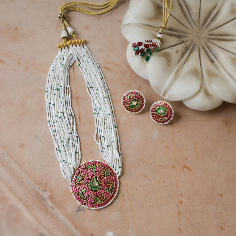 MDN820- Green And Pink Colour Gold Plated Jadau Kundan Temple Pendant set