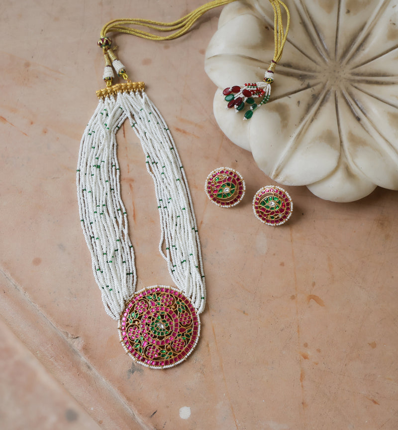 Green And Pink Colour Gold Plated Jadau Kundan Temple Pendant set