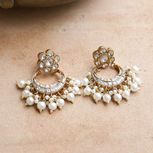 MDE748- White Colour Gold Plated Jadau Kundan Thappa Chandbali Earrings