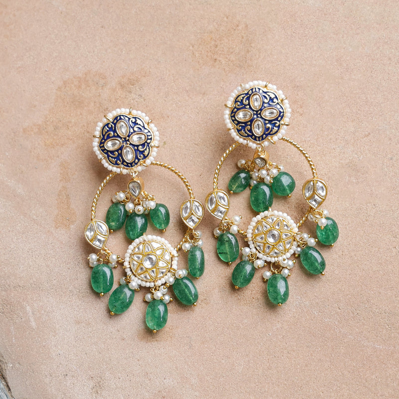 MDE981- Blue And White Colour Gold Plated Jadau Kundan Thappa Dangler Earrings