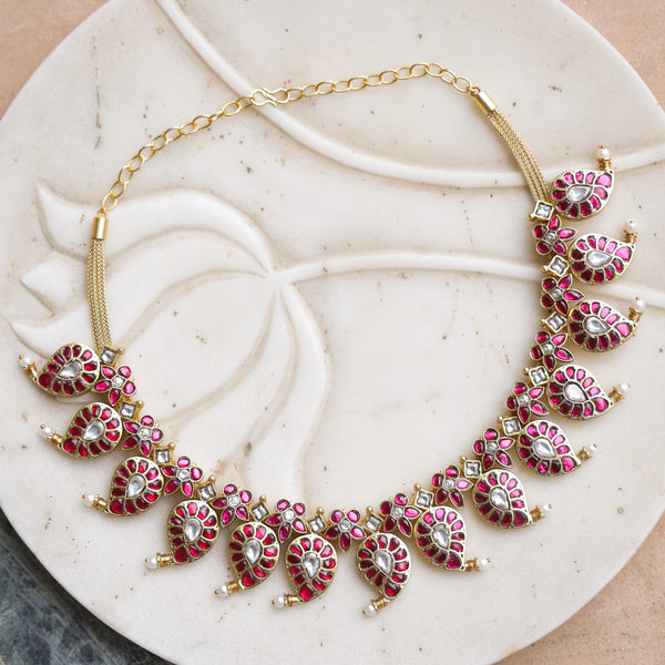 MDN196- Pink Colour Gold Plated Jadau Kundan Temple Long Necklace Set (Mango Mala)