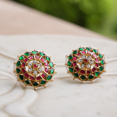 MDE1093- Multicolour Gold Plated Jadau Kundan Temple Studs Earrings