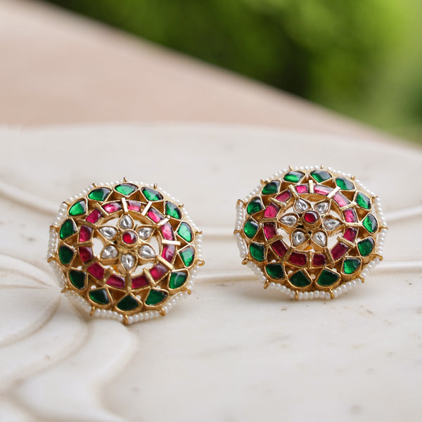 MDE1093- Multicolour Gold Plated Jadau Kundan Temple Studs Earrings