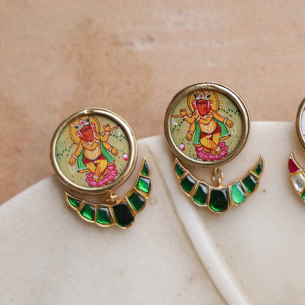 MDE999- Green Colour Gold Plated Thappa Lotus Earrings