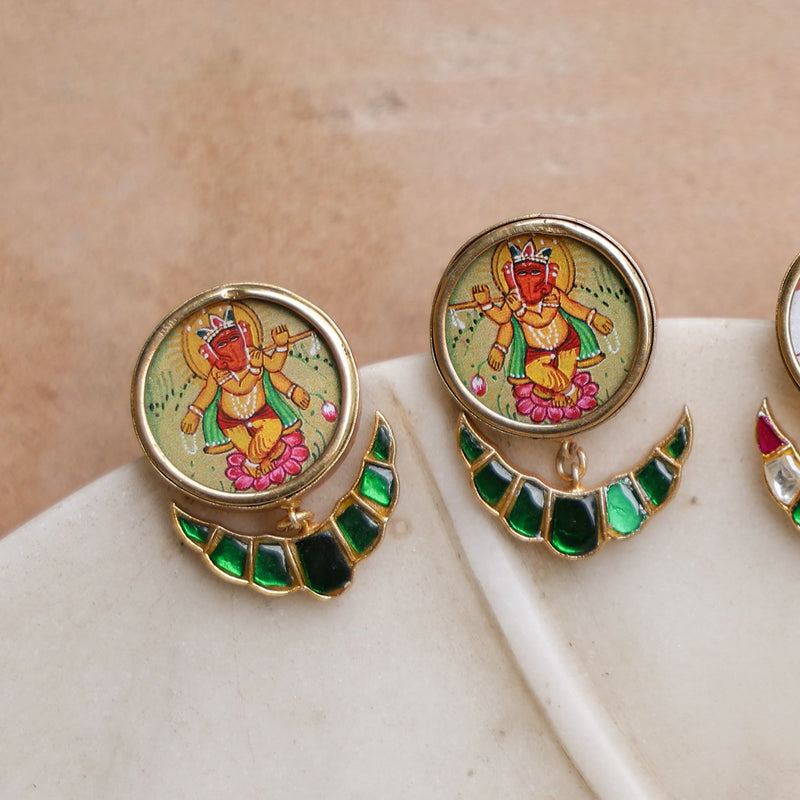 MDE999- Green Colour Gold Plated Thappa Lotus Earrings