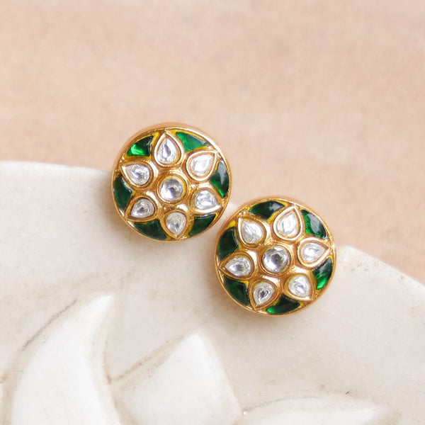 MDE1000- White & Green Colour Gold Plated Jadau Kundan Studs Earrings