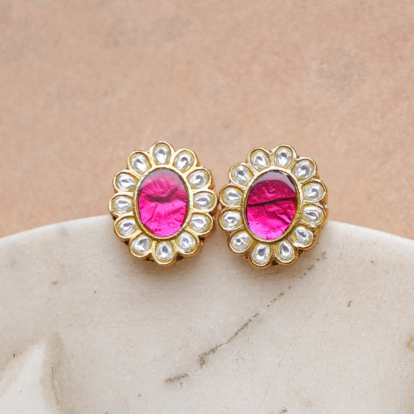 MDE1001- Pink Colour Gold Plated Jadau Kundan Studs Earrings