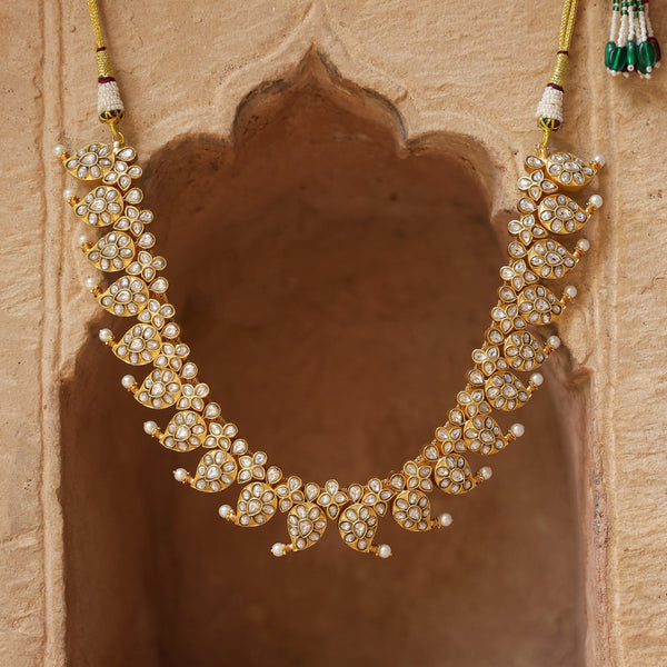 MDN196- White Colour Gold Plated Jadau Kundan Temple Long Necklace Set (Mango Mala)