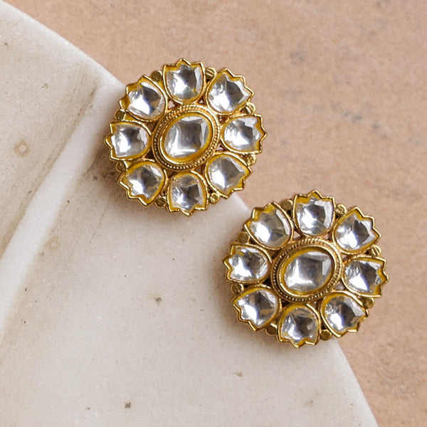 MDE1073- White Colour Gold Plated Jadau Kundan Studs Earrings