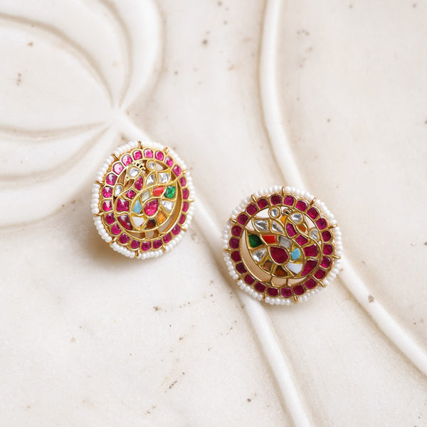 MDE1097- Multicolour Gold Plated Jadau Kundan Temple Studs Earrings
