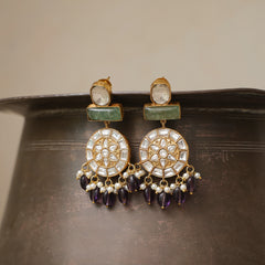 MDE973- Green & Pink Colour Gold Plated Jadau Kundan Thappa Dangler Earrings
