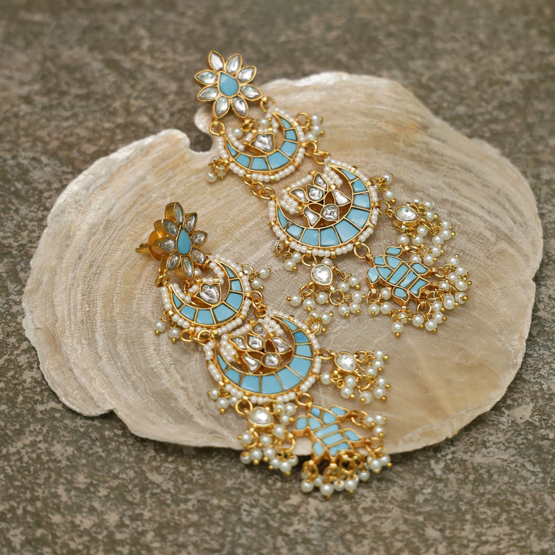 MDE792- Feroza & White Colour Gold Plated Jadau Kundan Dangler Earrings
