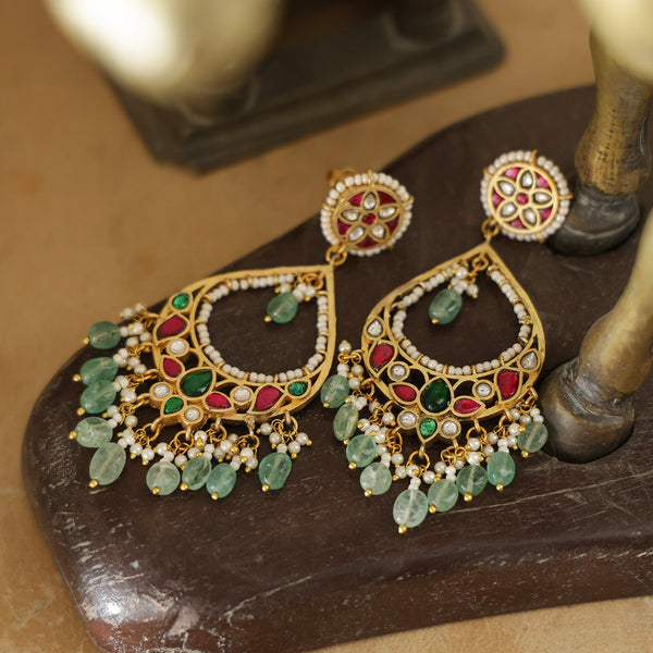 MDE611- Multi Colour Gold Plated Jadau Kundan Temple Chandbali Earrings