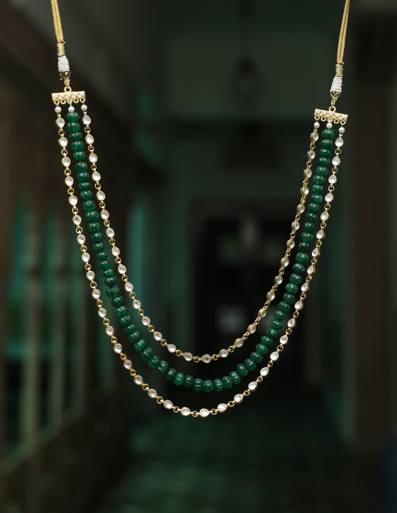 White and Green Colour Gold Plated Jadau Kundan Mala