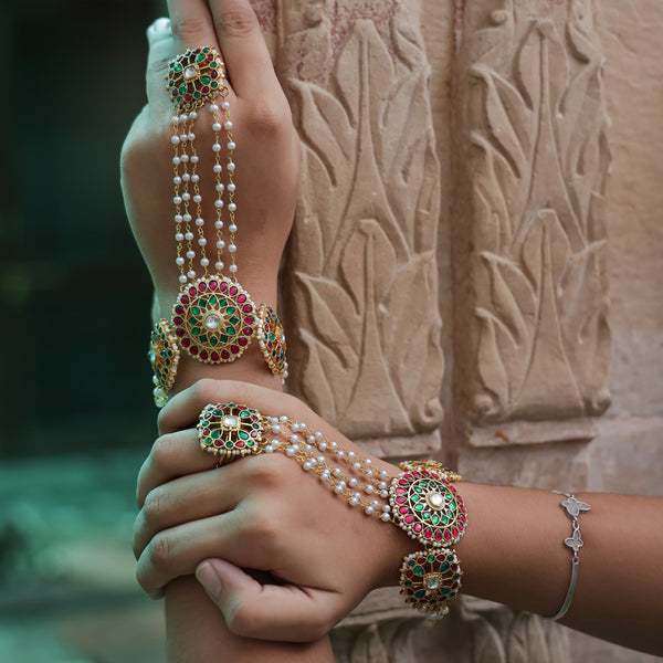 MDHP410- Green and Pink Colour Gold Plated Jadau Kundan Hathphool