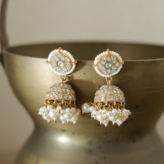 MDE1076-White Colour Gold Plated Jadau Kundan Thappa Jhumki Earrings