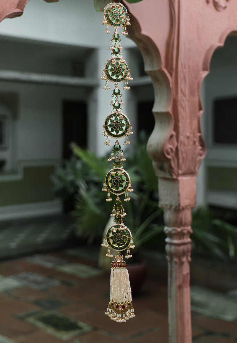 Green Colour Gold Plated Jadau Kundan Braid
