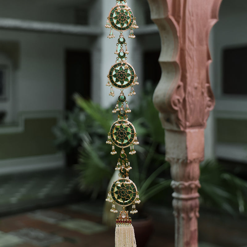MDBR1057- Green Colour Gold Plated Jadau Kundan Braid