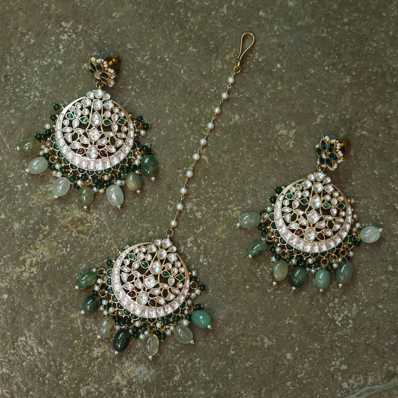 MDE472- Green Colour Gold Plated Jadau Kundan Chandbali Earrings with Tika