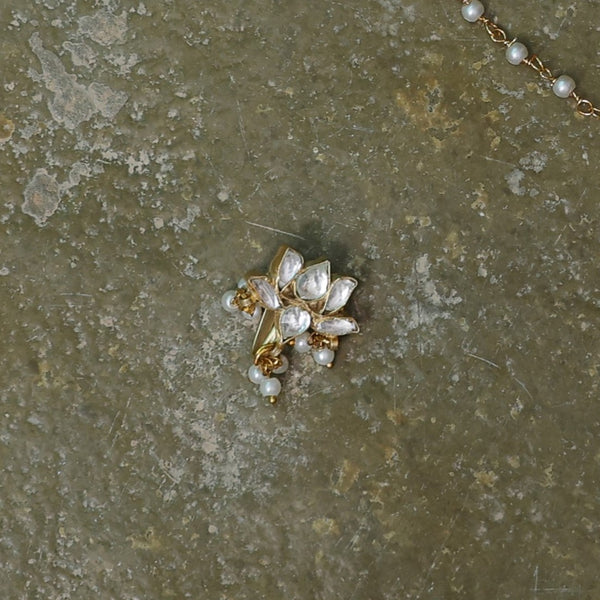 MDNA240- Pink And White Colour Gold Plated Jadau Kundan Lotus Motif Nose Pin