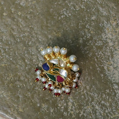 MDNA153- Multicolour Gold Plated Jadau Kundan Peacock Motif Nose Pin