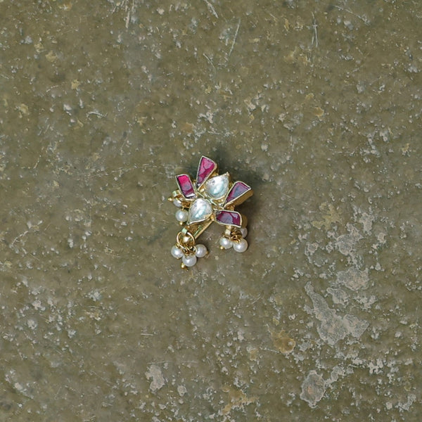 MDNA240- Pink And White Colour Gold Plated Jadau Kundan Lotus Motif Nose Pin