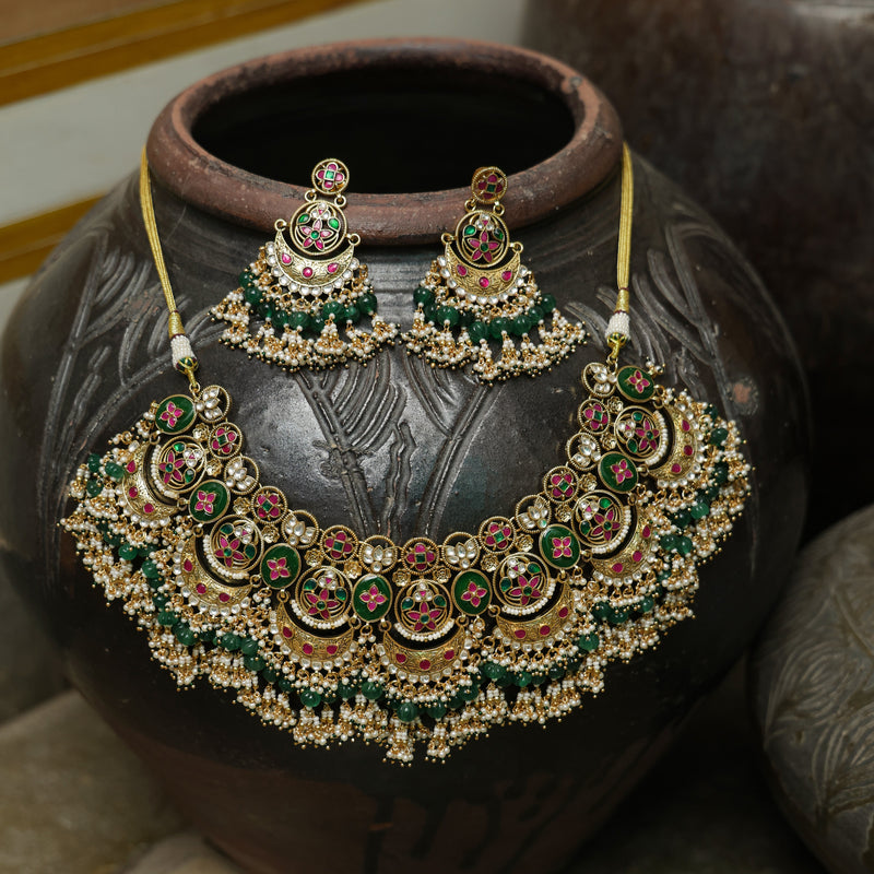 MDN921- Multi Colour Gold Plated Jadau Kundan Heritage Style Bridal Set