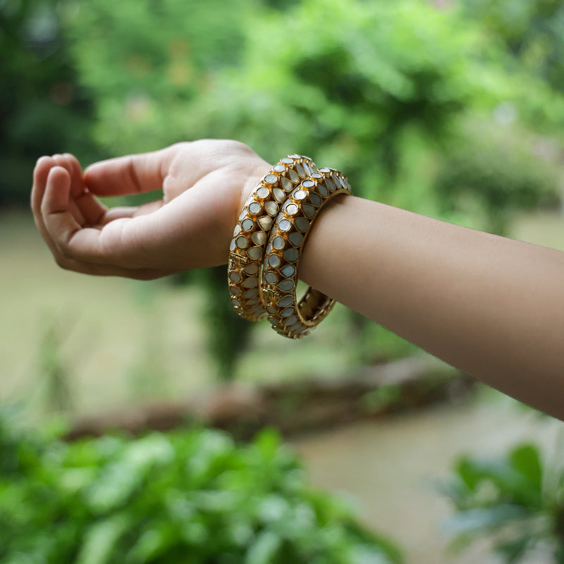 MDB424- White Colour Gold Plated Mother of Pearl Bangles