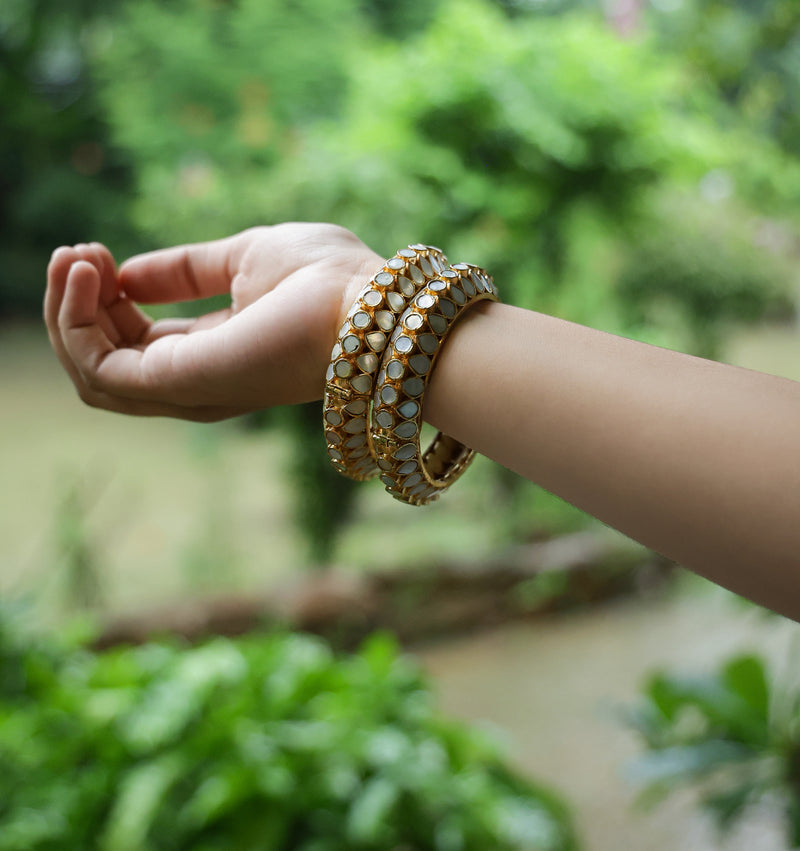 White Colour Gold Plated Mother of Pearl Bangles