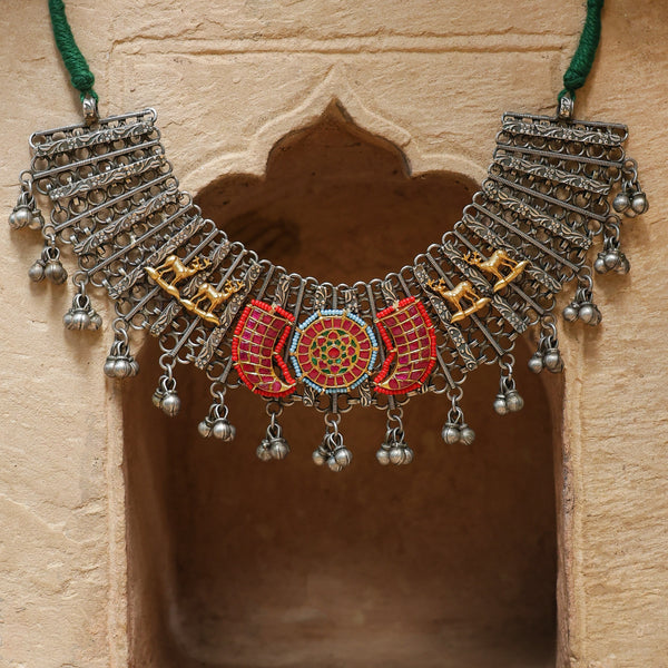 MDN1057- Pink And Green Colour Tribal Necklace