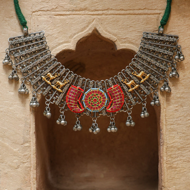 MDN1057- Pink And Green Colour Tribal Necklace