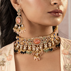 MDN919- Multi Colour Gold Plated Faux Polki Necklace Set