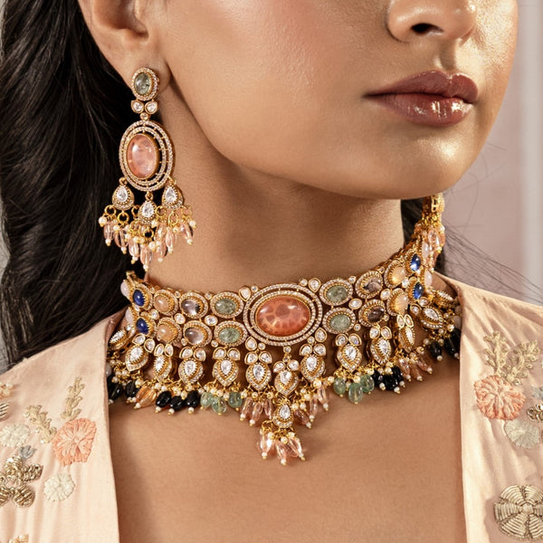 MDN919- Multi Colour Gold Plated Faux Polki Necklace Set